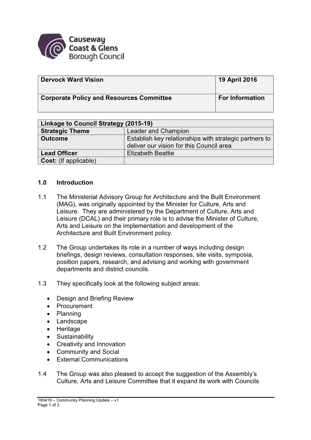 Dervock Ward Vision 19 April 2016 Corporate Policy and Resources