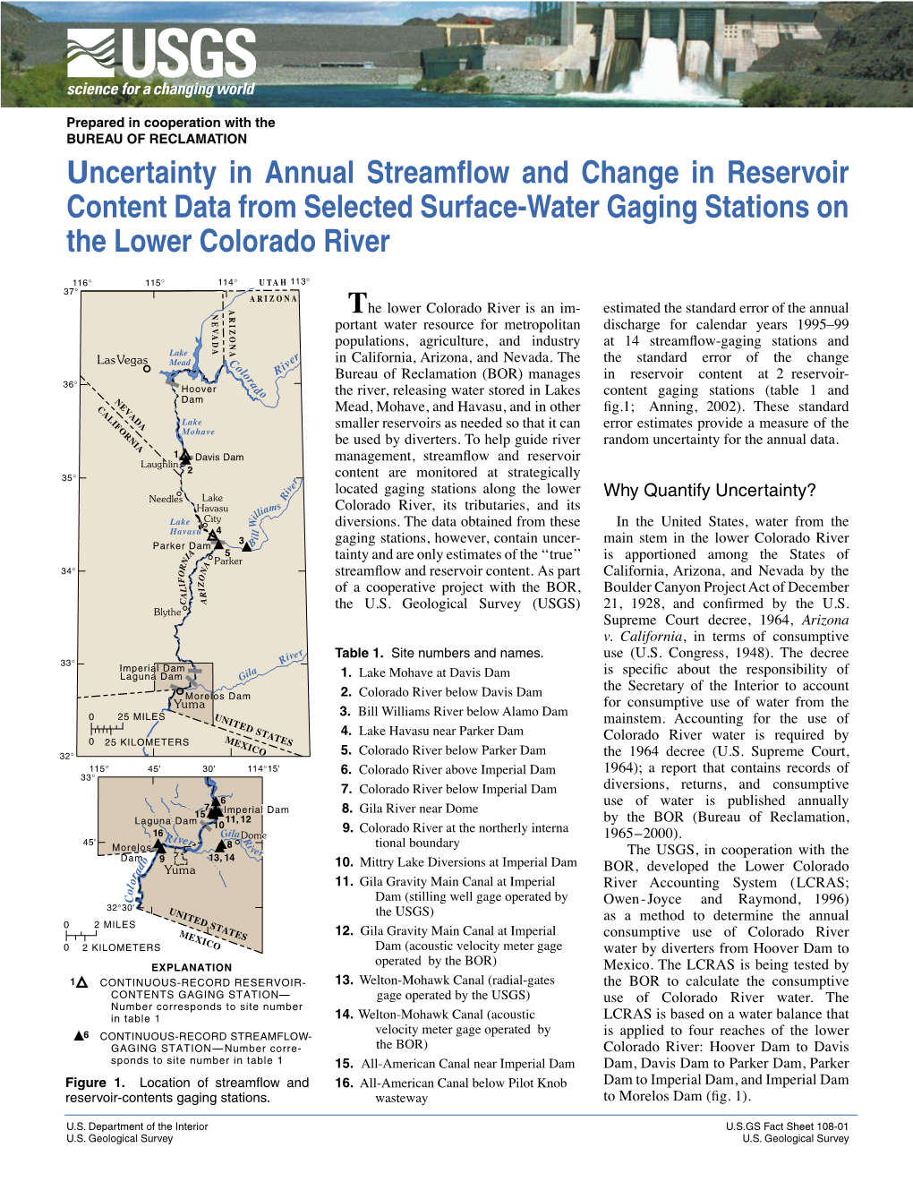 Uncertainty in Annual Streamflow and Change in Reservoir Content Data from Selected Surface-Water Gaging Stations on the Lower Colorado River