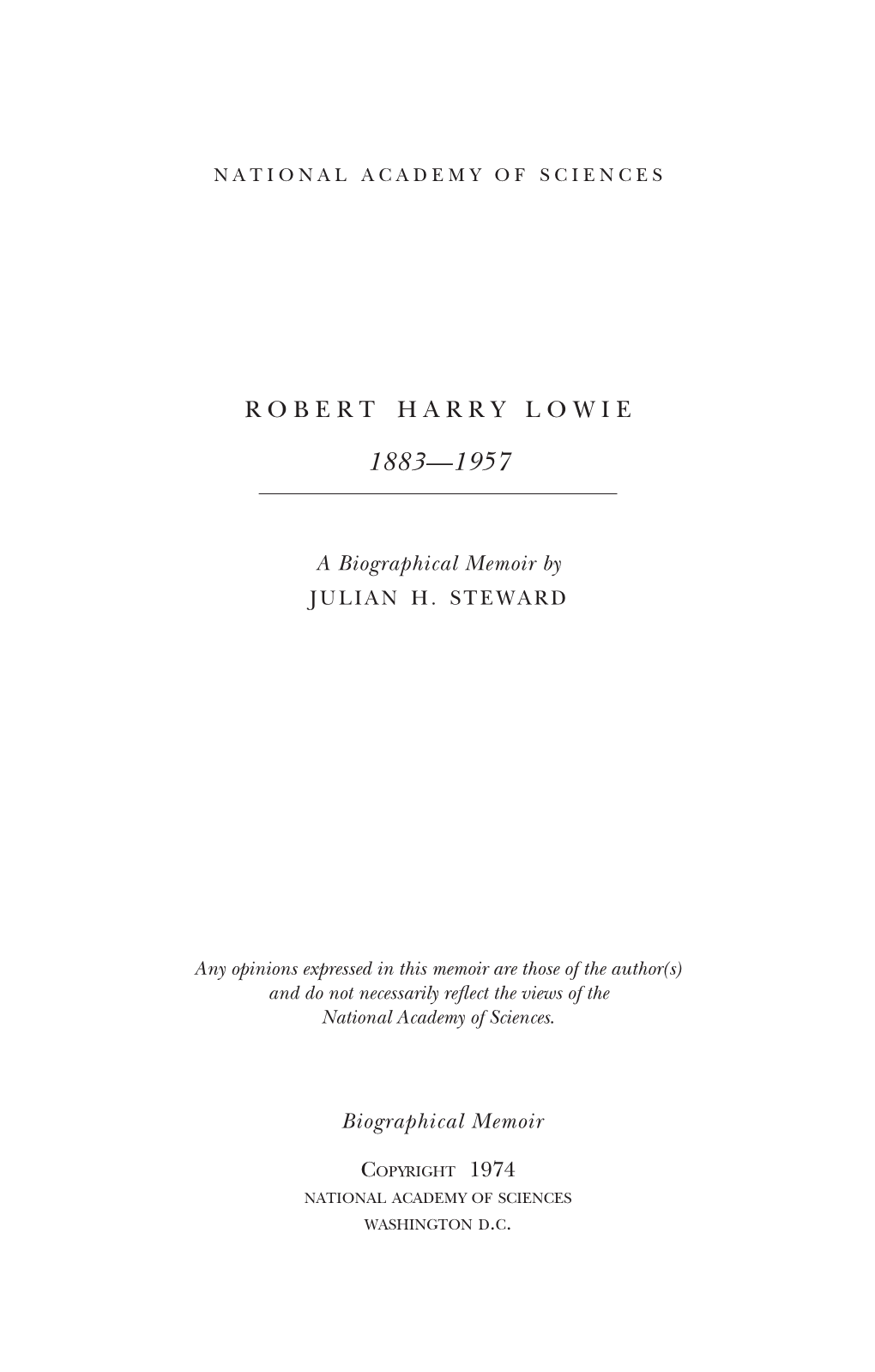 Robert Harry Lowie. a Biographical Memoir