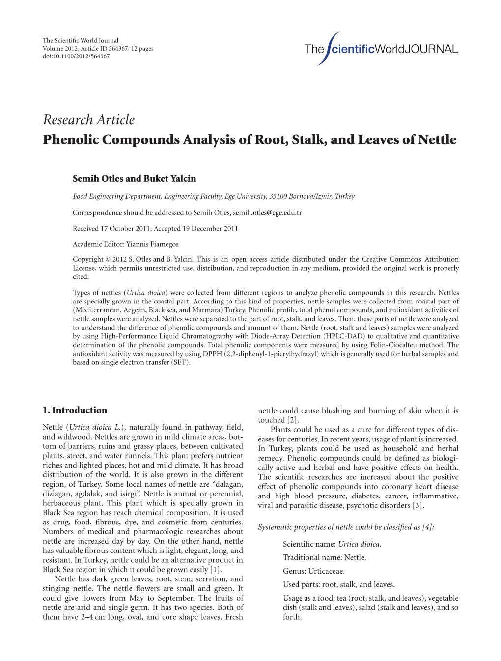 Phenolic Compounds Analysis of Root, Stalk, and Leaves of Nettle