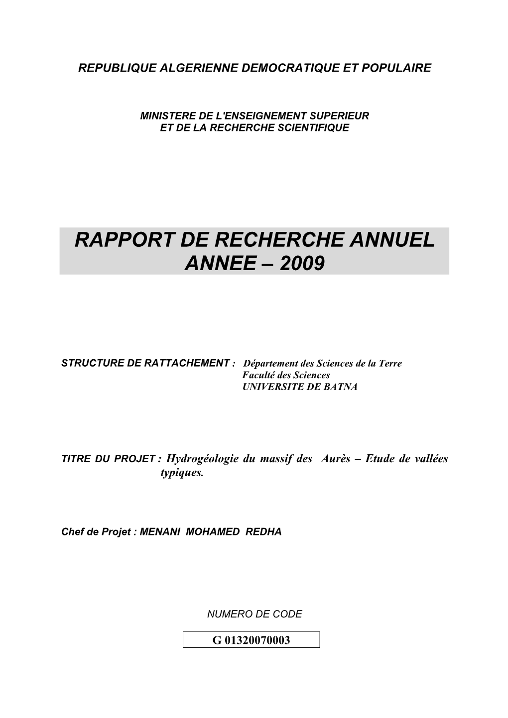 Rapport De Recherche Annuel Annee – 2009