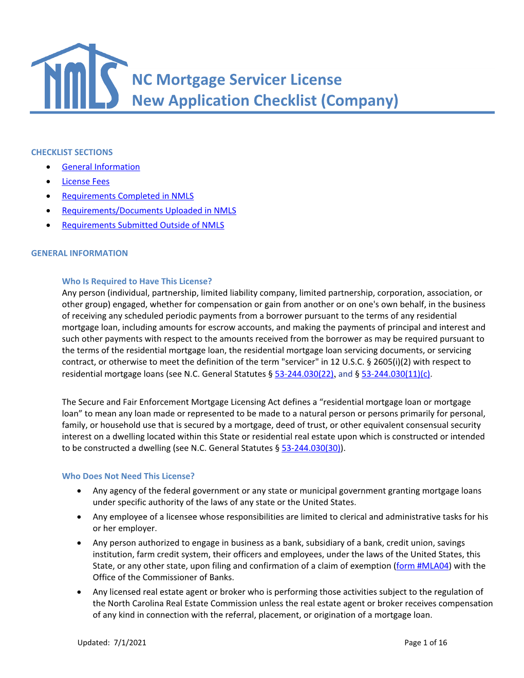 NC Mortgage Servicer License New Application Checklist (Company)