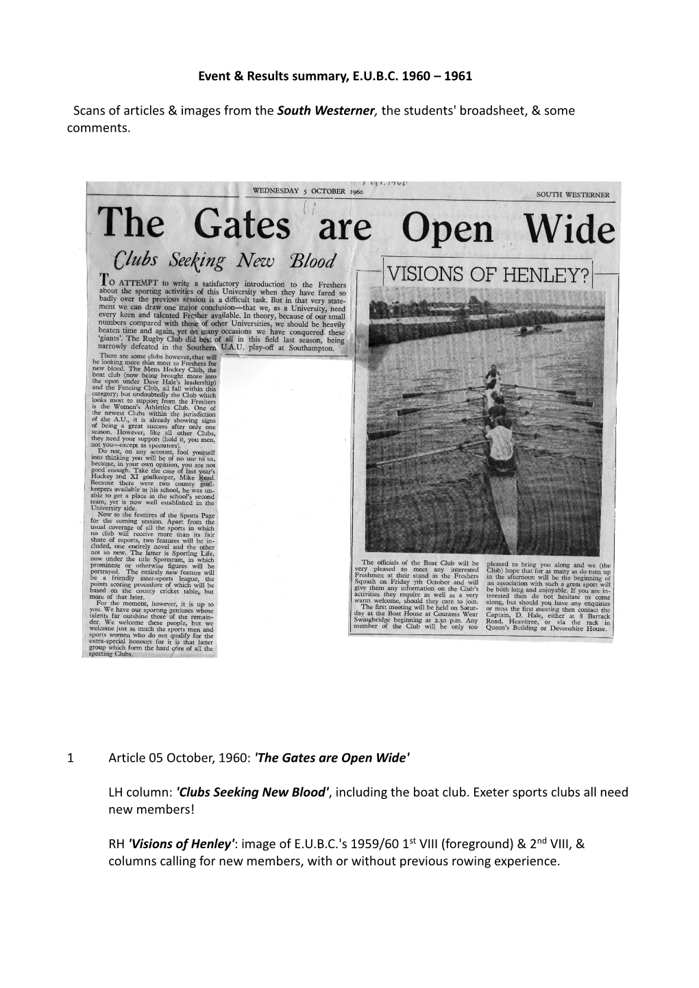 Event & Results Summary E.U.B.C. 1960 And