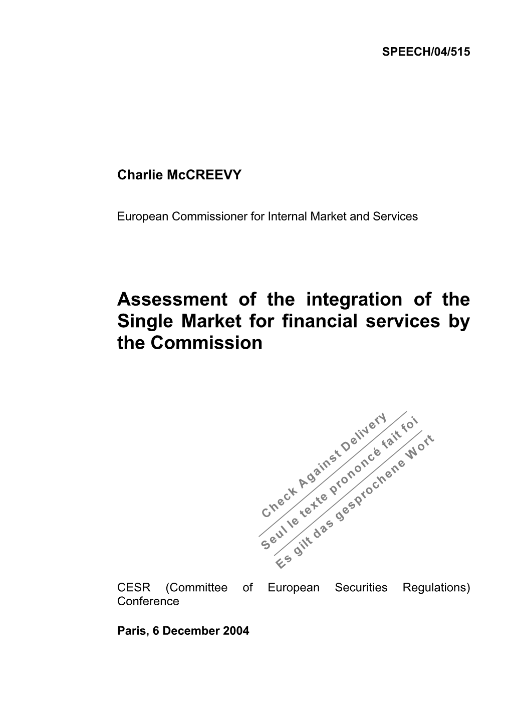 Assessment of the Integration of the Single Market for Financial Services by the Commission