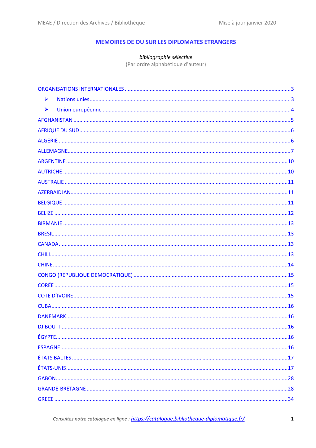 MEAE / Direction Des Archives / Bibliothèque Mise À Jour Janvier 2020