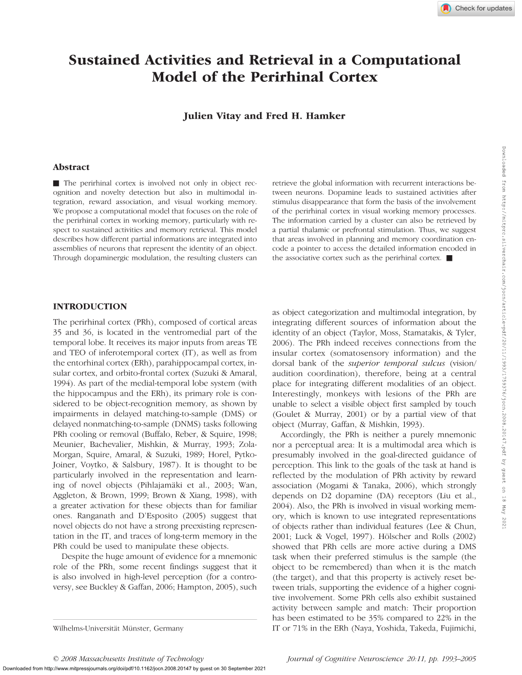 Sustained Activities and Retrieval in a Computational Model of the Perirhinal Cortex