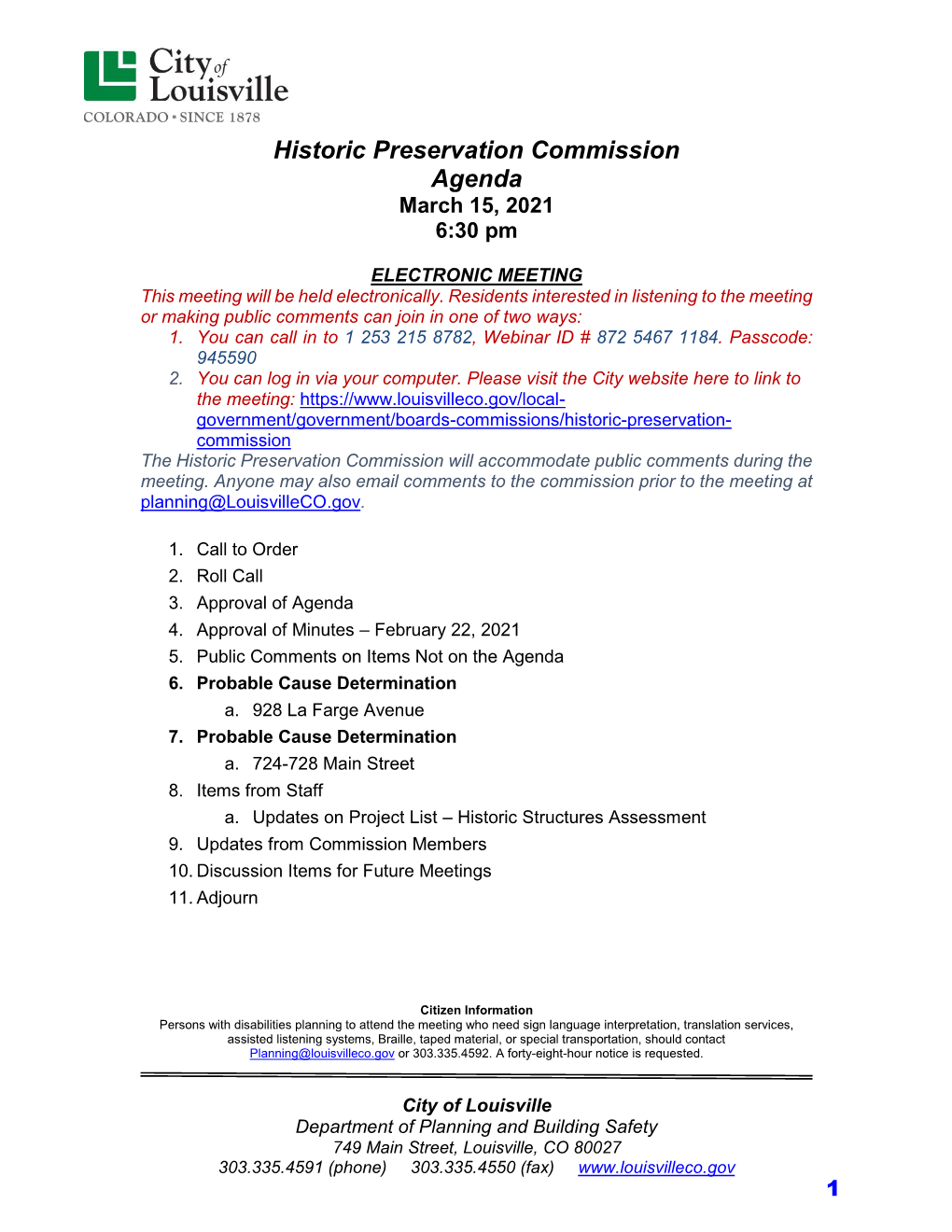 Historic Preservation Commission Agenda March 15, 2021 6:30 Pm