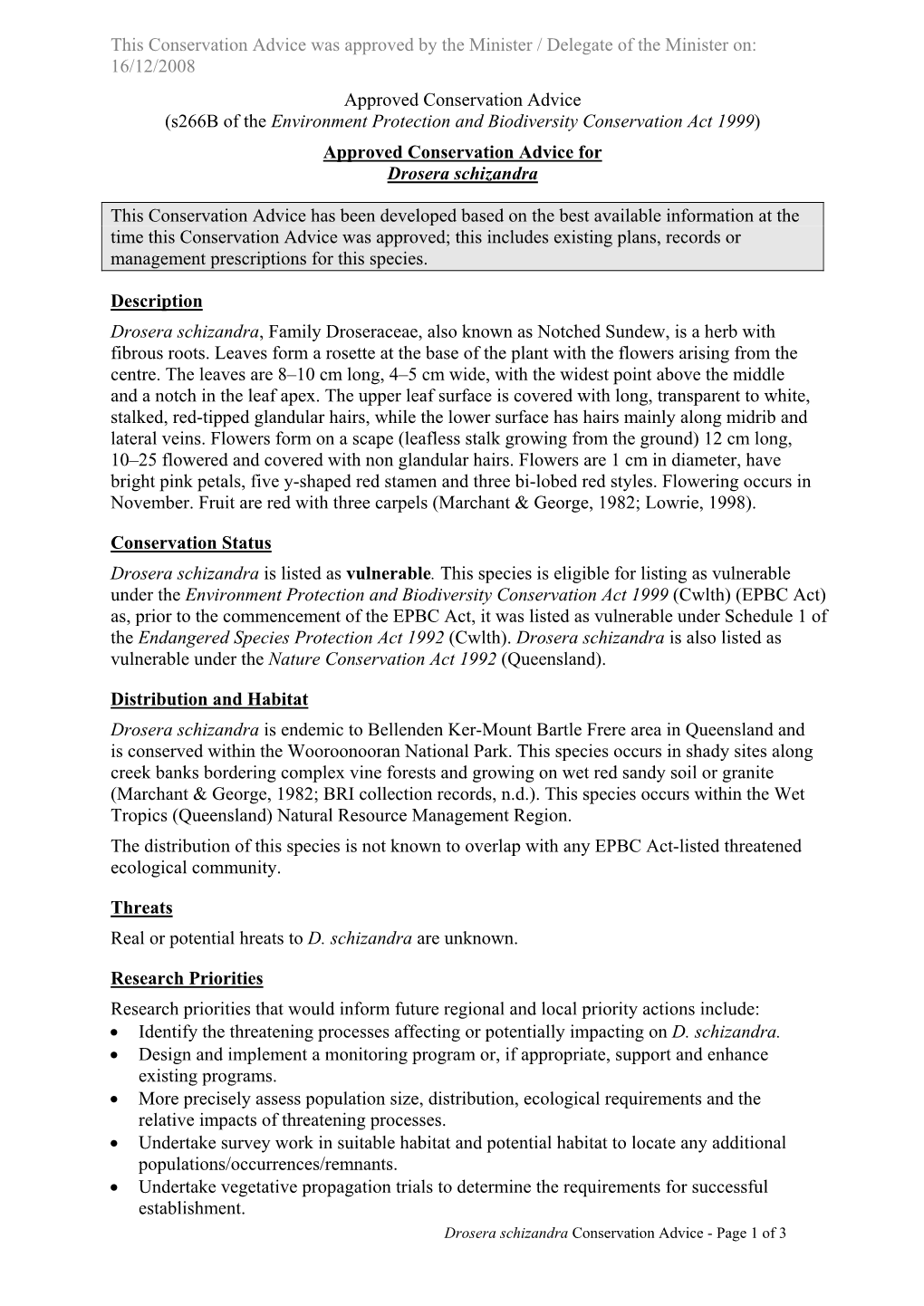 Approved Conservation Advice for Drosera Schizandra