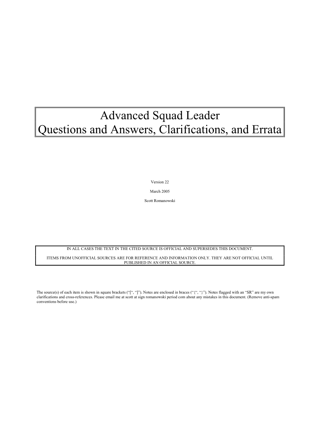 Advanced Squad Leader Questions and Answers, Clarifications, and Errata