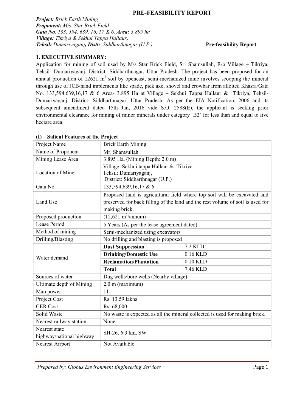 PRE-FEASIBILITY REPORT Project: Brick Earth Mining Proponent: M/S