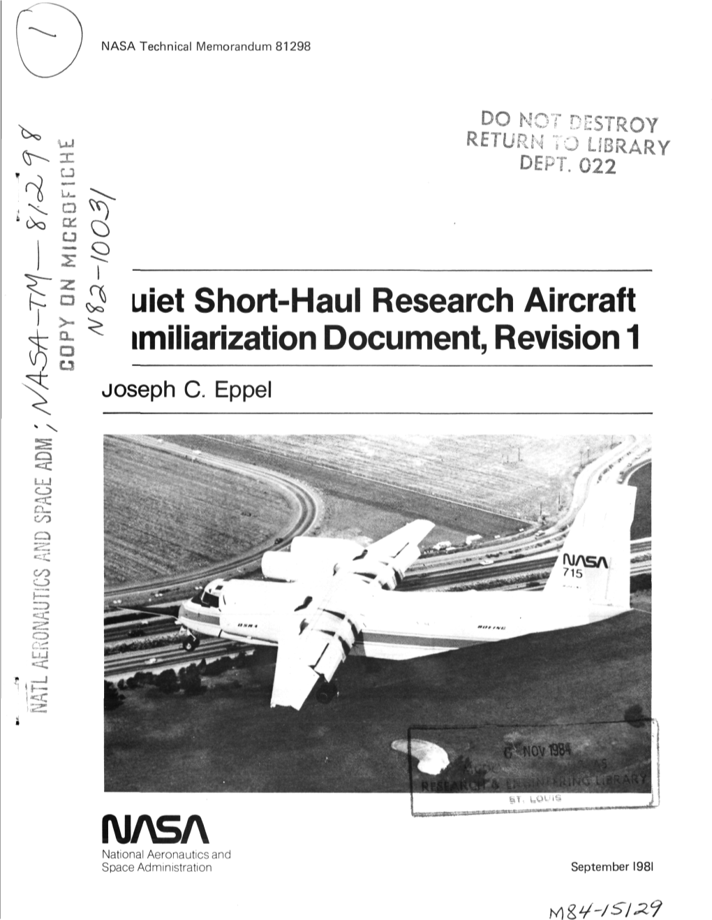 Uiet Short-Haul Research Aircraft Imiliarization Document, Revision 1