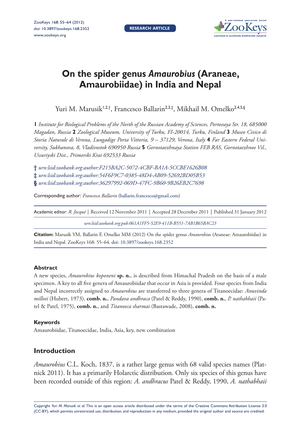 On the Spider Genus Amaurobius (Araneae, Amaurobiidae) in India and Nepal