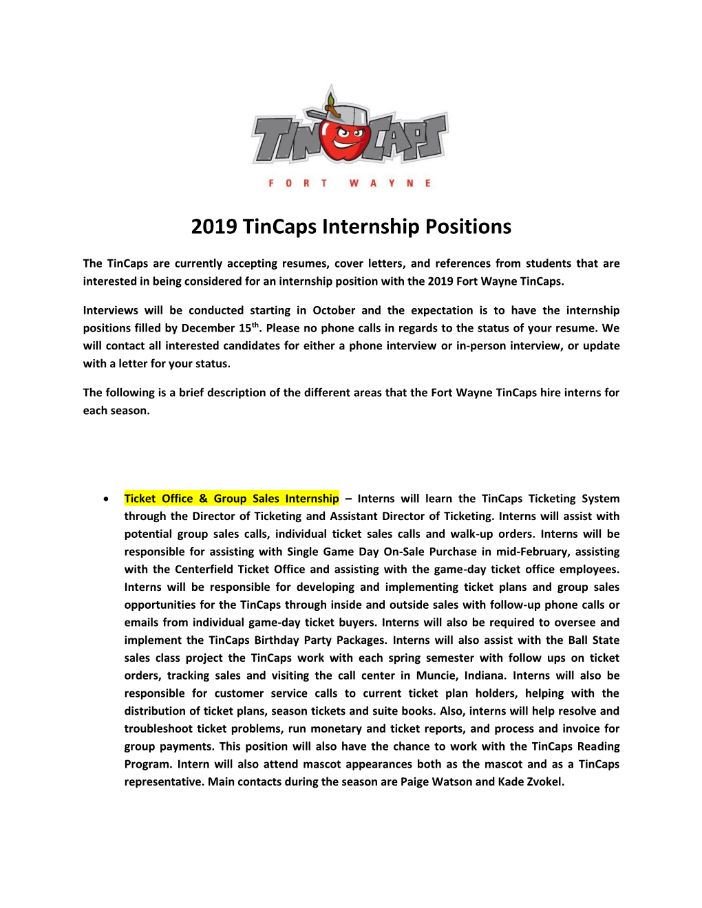 2019 Tincaps Internship Positions