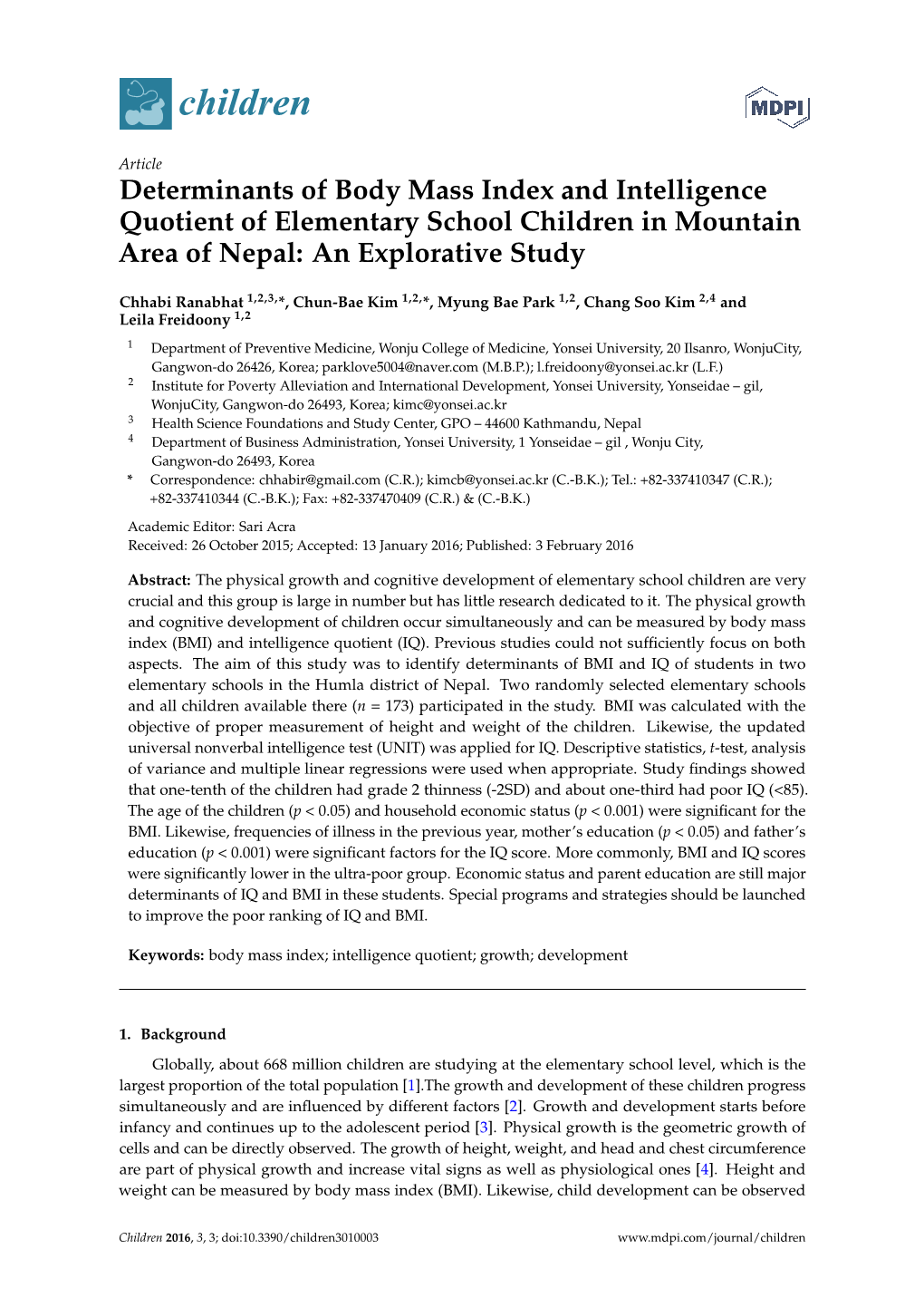 Determinants of Body Mass Index and Intelligence Quotient of Elementary School Children in Mountain Area of Nepal: an Explorative Study