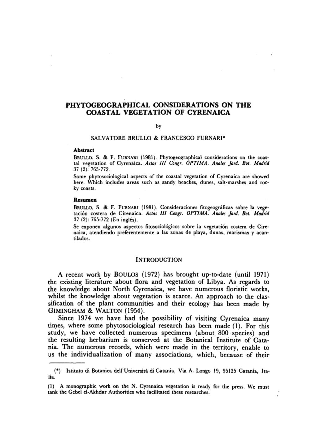 Phytogeographical Considerations on the Coastal Vegetation of Cyrenaica