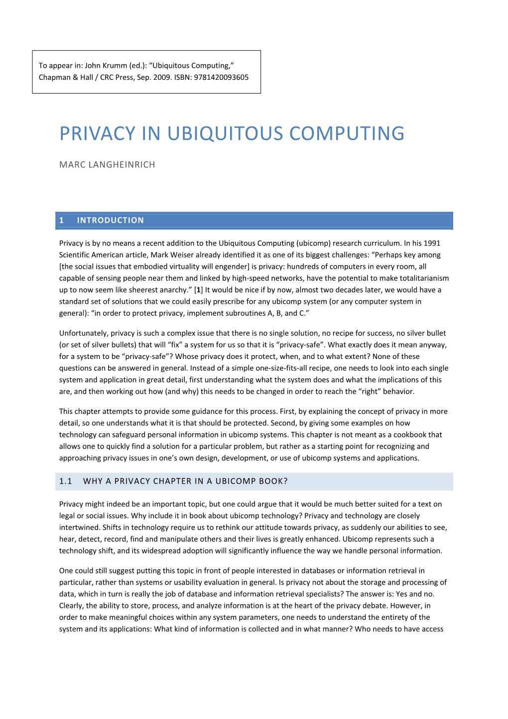 Privacy in Ubiquitous Computing