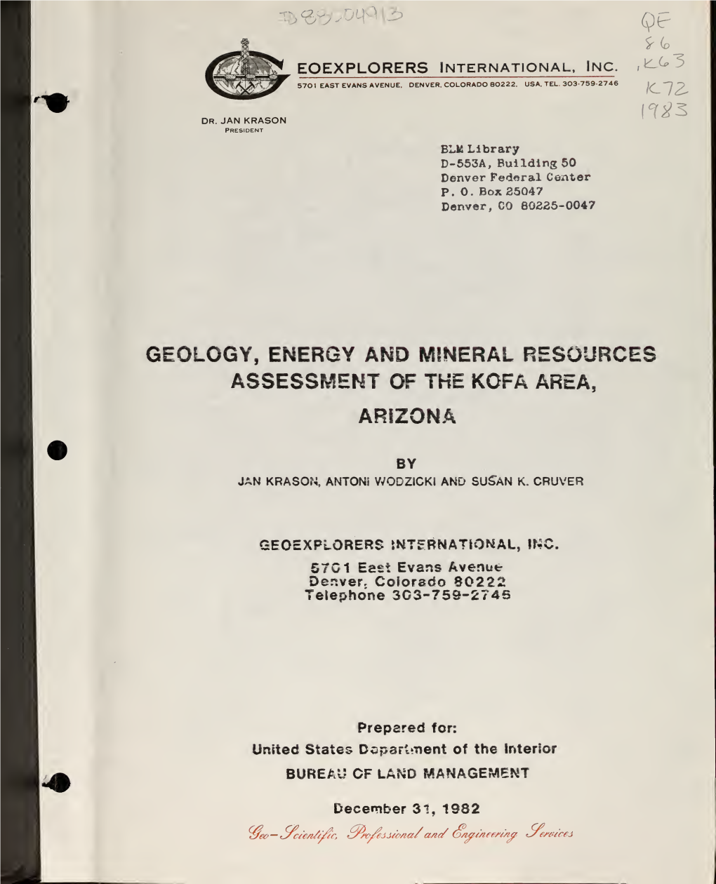 Geology, Energy and Mineral Resources Assessment of the Kofa Area, Arizona