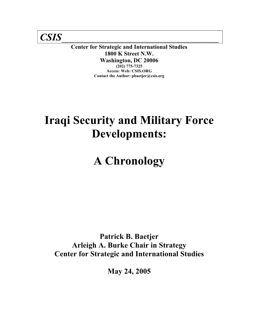 Iraqi Security and Military Force Developments: a Chronology