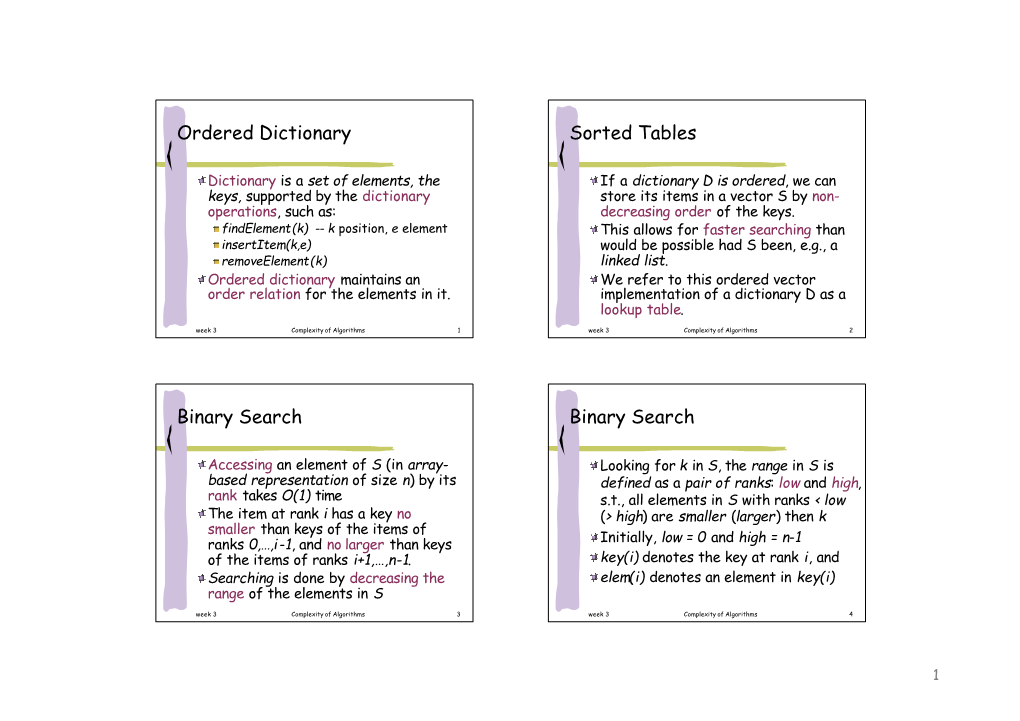 Ordered Dictionary Sorted Tables Binary Search Binary Search