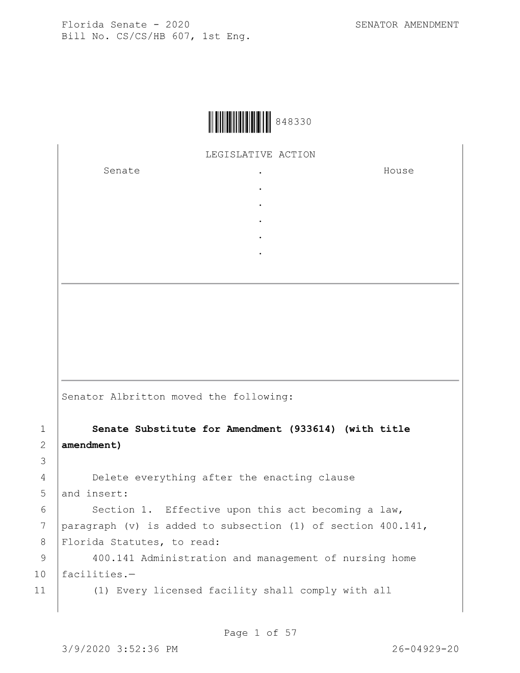 2020 SENATOR AMENDMENT Bill No. CS/CS/HB 607, 1St Eng