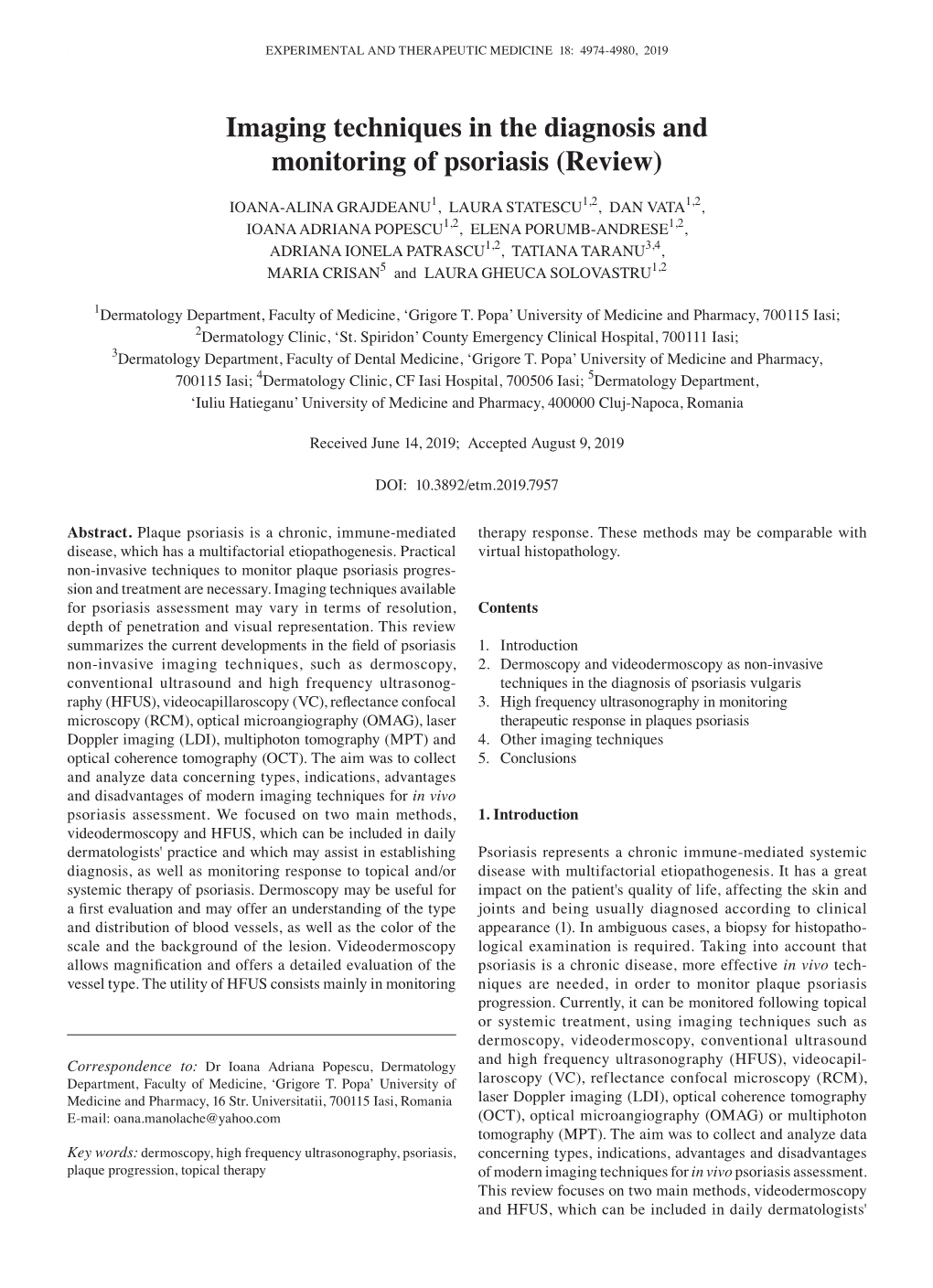 Imaging Techniques in the Diagnosis and Monitoring of Psoriasis (Review)