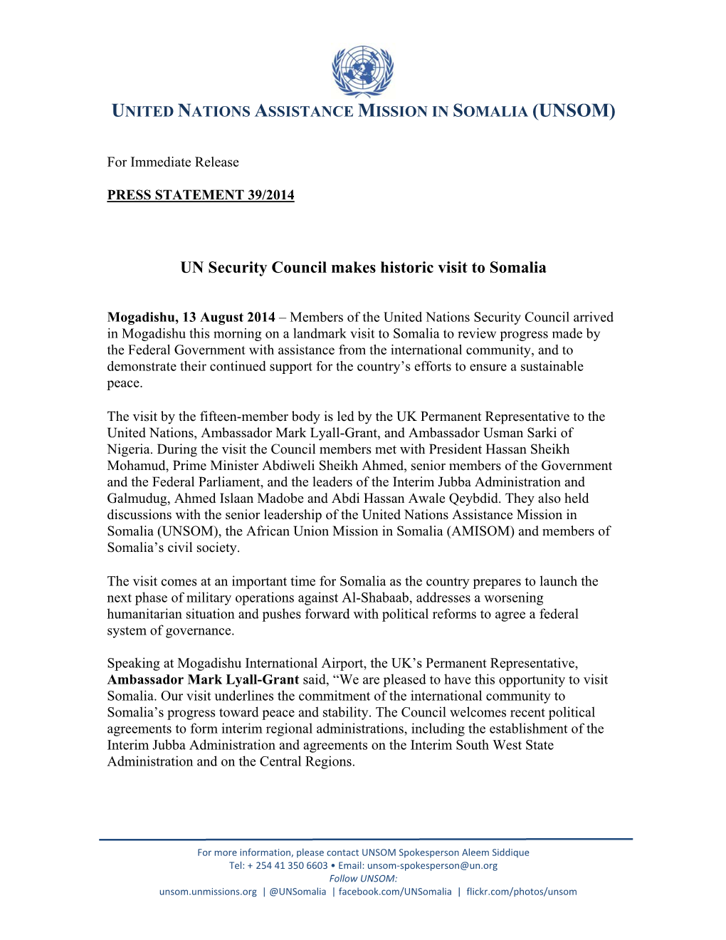 UN Security Council Makes Historic Visit to Somalia