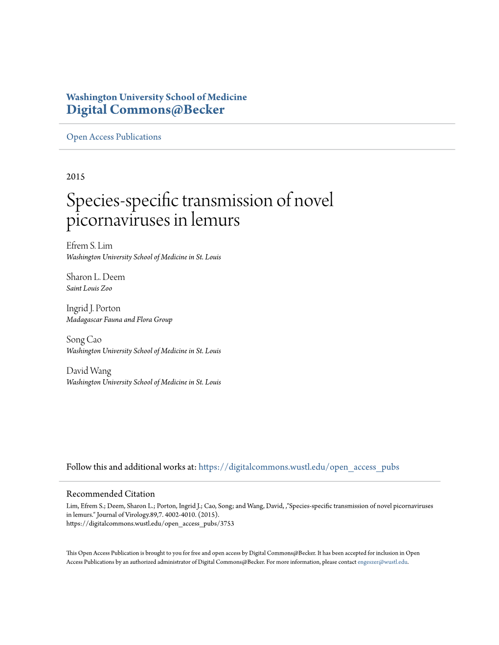 Species-Specific Transmission of Novel Picornaviruses in Lemurs Efrem S