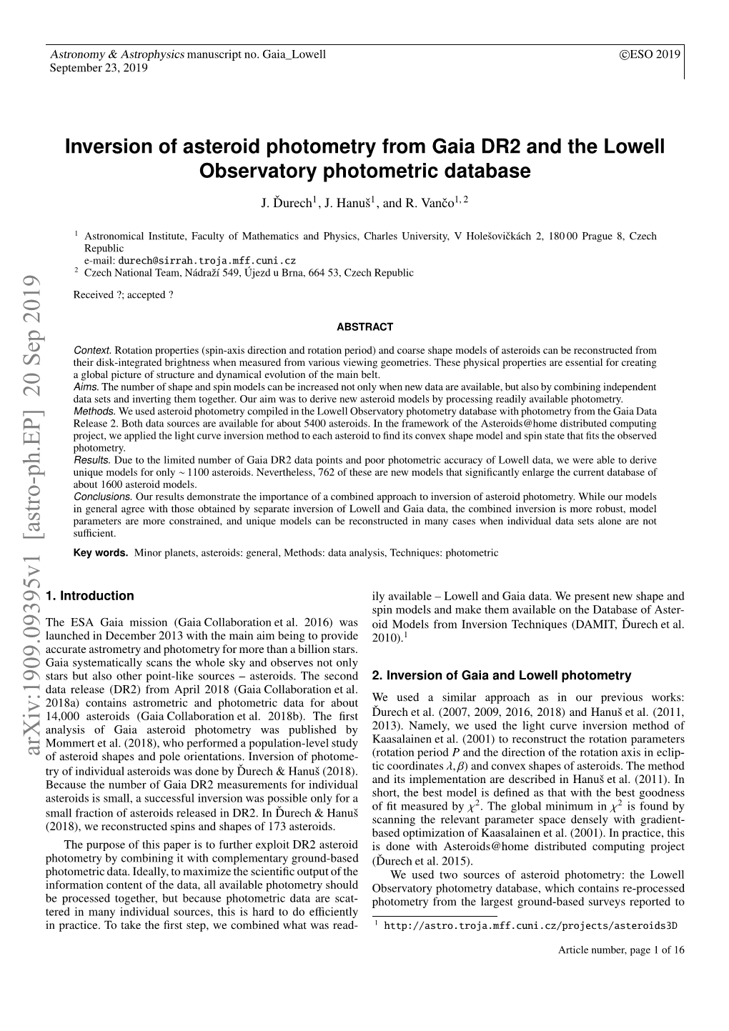 Inversion of Asteroid Photometry from Gaia DR2 and the Lowell