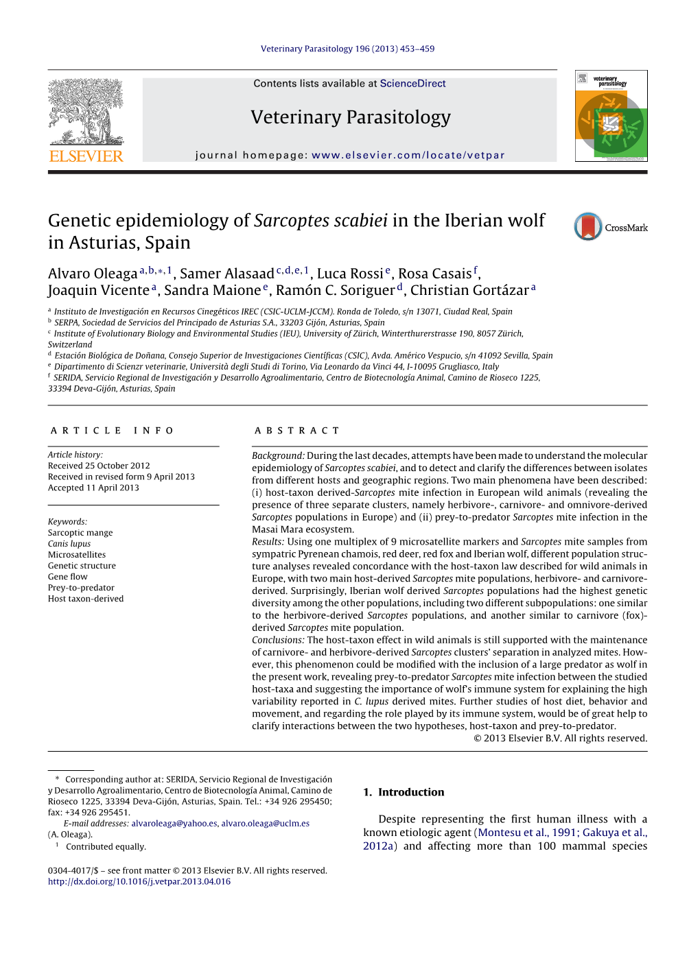 Genetic Epidemiology of Sarcoptes Scabiei in the Iberian Wolf in Asturias, Spain