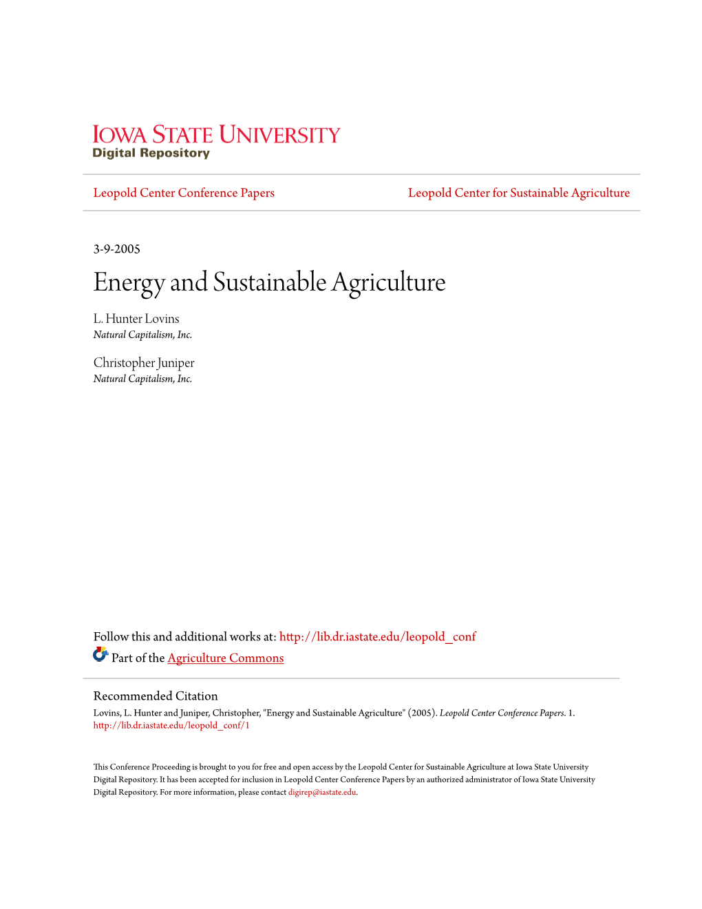 Energy and Sustainable Agriculture L