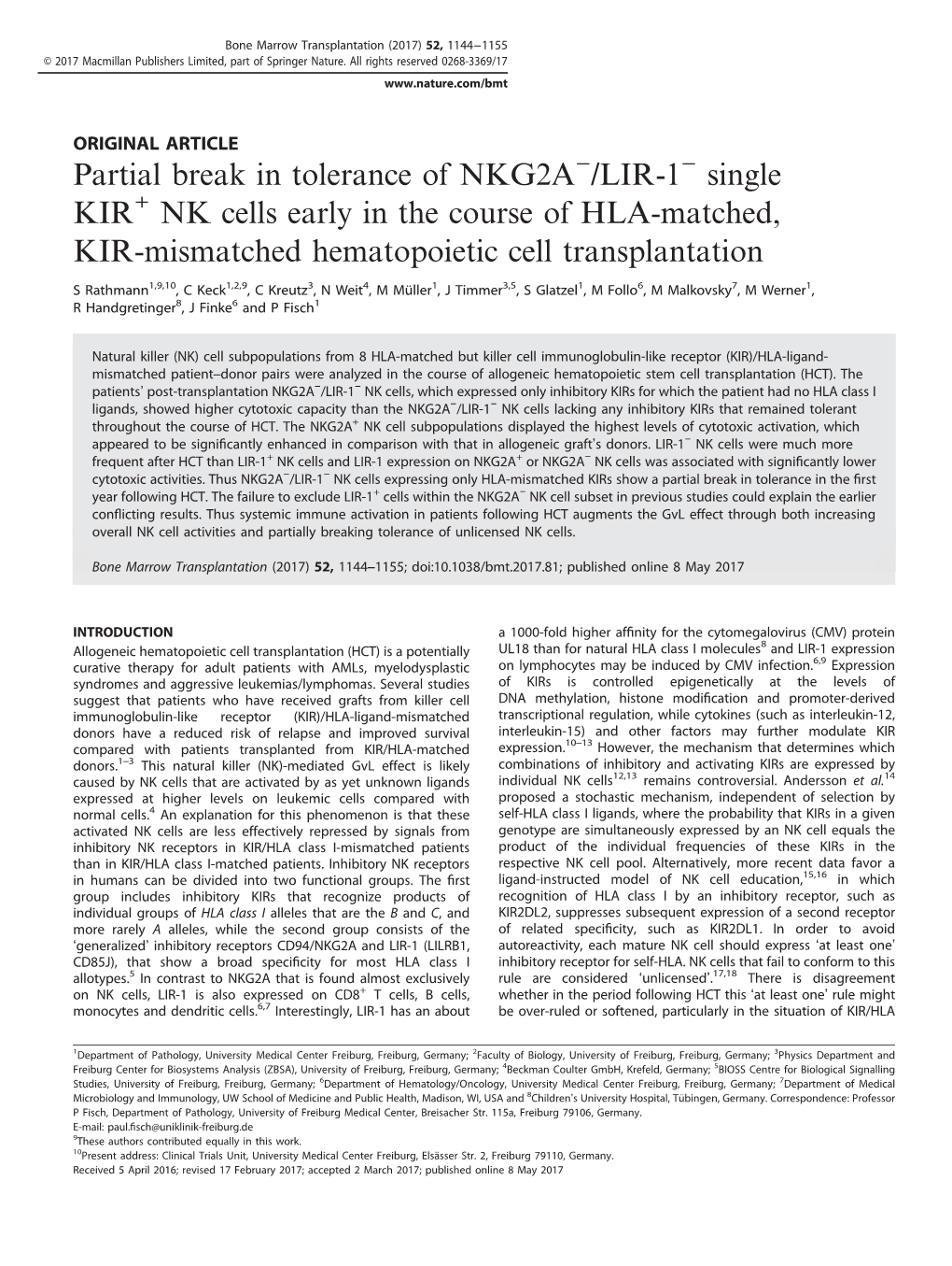 NK Cells Early in the Course of HLA-Matched, KIR-Mismatched Hematopoietic Cell Transplantation