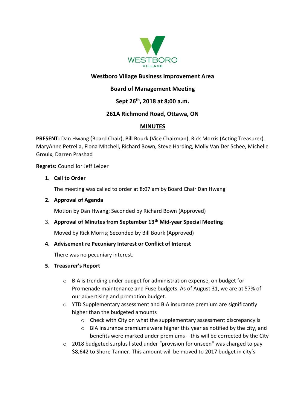 Westboro Village Business Improvement Area Board of Management Meeting Sept 26Th, 2018 at 8:00 A.M