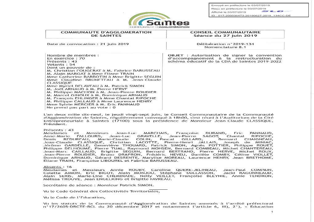 Communaute D'agglomeration De Saintes Conseil Communautaire