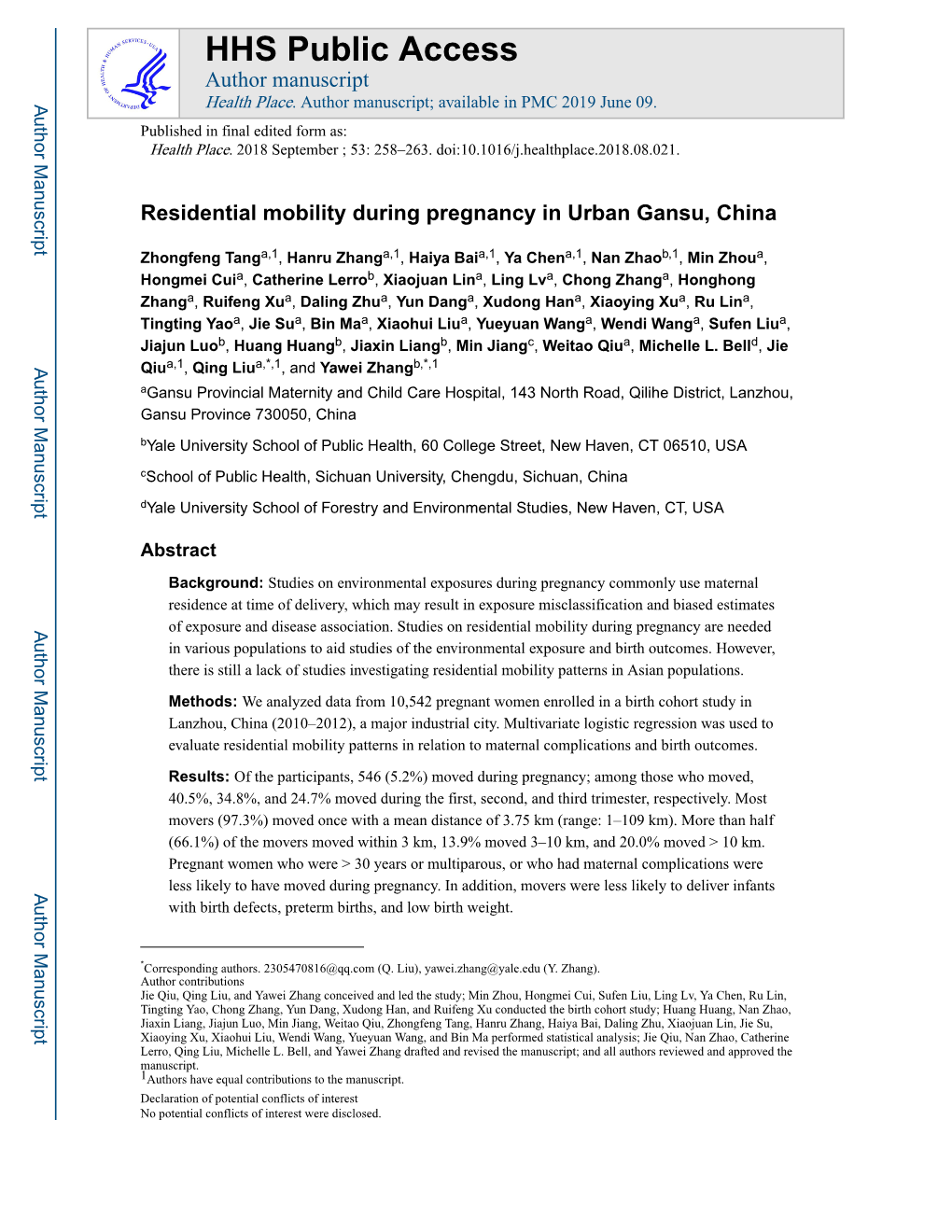 Residential Mobility During Pregnancy in Urban Gansu, China