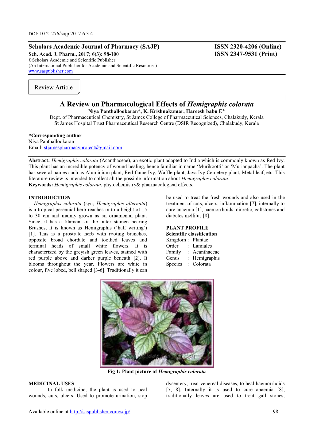 A Review on Pharmacological Effects of Hemigraphis Colorata Niya Panthallookaran*, K