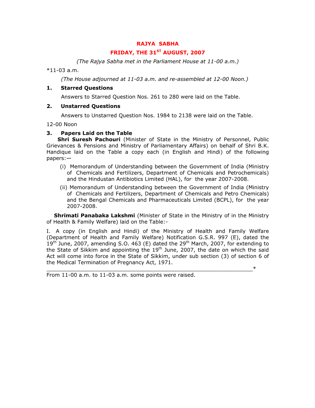 211Th Session Journals of the Rajya Sabha