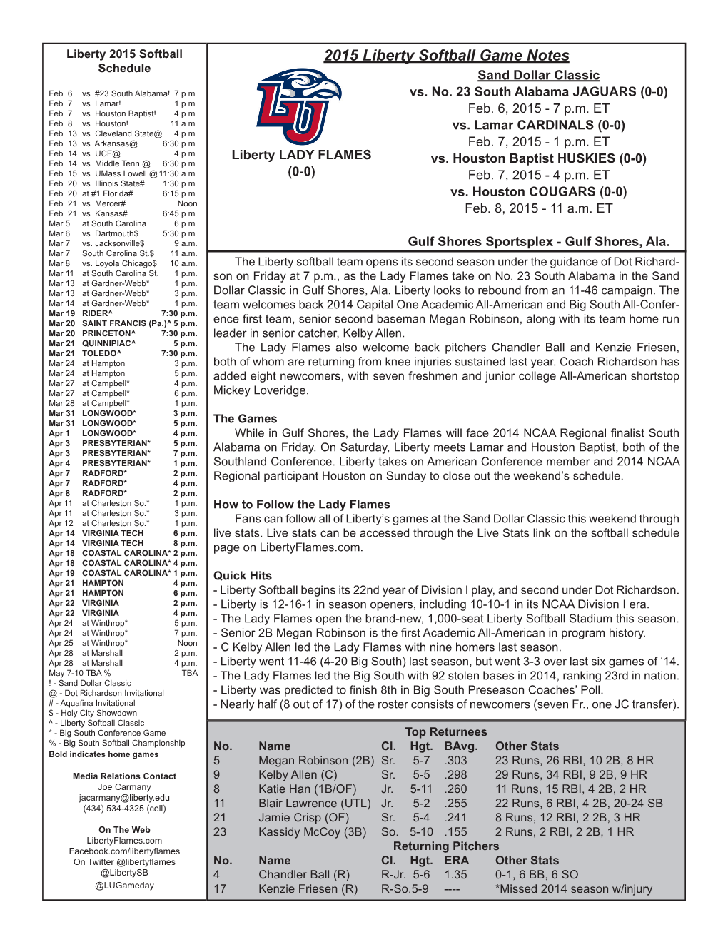 2015 Liberty Softball Game Notes Schedule Sand Dollar Classic Feb