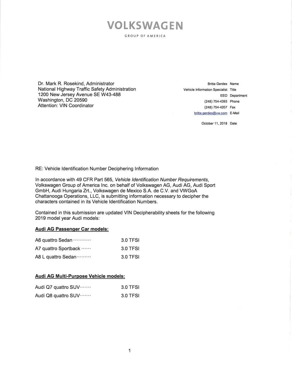 2019 Audi VIN Breakdown Sheet for U.S. Models