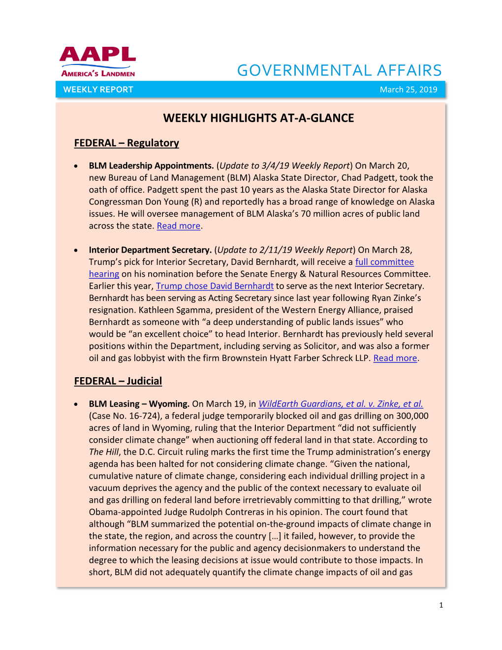 GOVERNMENTAL AFFAIRS WEEKLY REPORT March 25, 2019