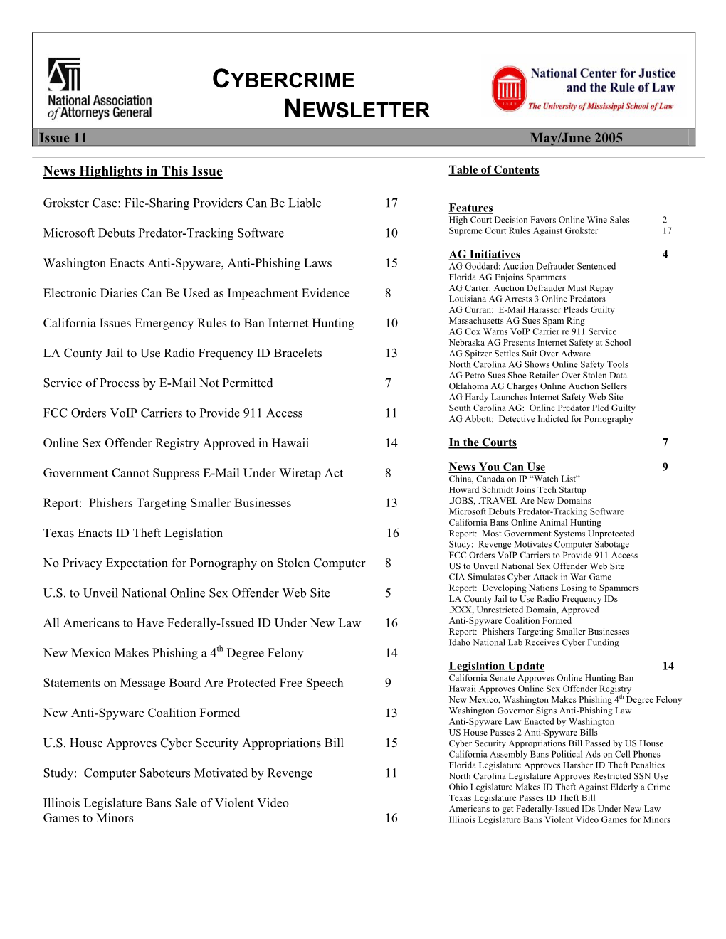 CYBERCRIME NEWSLETTER Issue 11 May/June 2005
