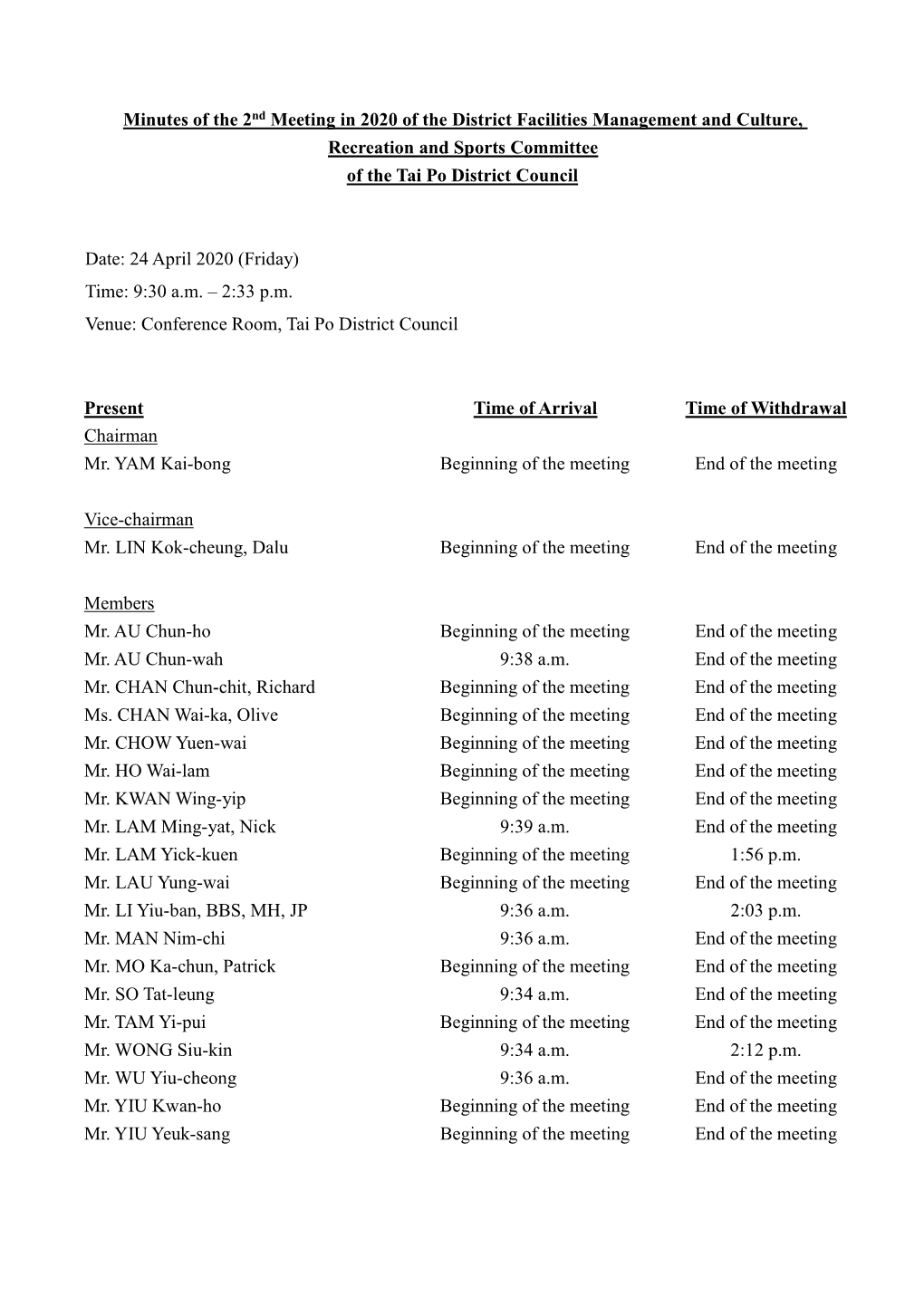 Minutes of the 2Nd Meeting in 2020 of the District Facilities Management and Culture, Recreation and Sports Committee of the Tai Po District Council