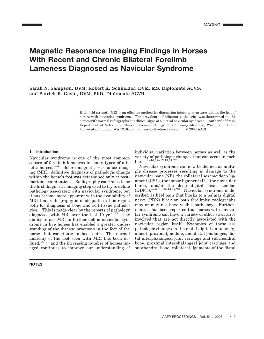 Magnetic Resonance Imaging Findings in Horses with Recent and Chronic Bilateral Forelimb Lameness Diagnosed As Navicular Syndrome