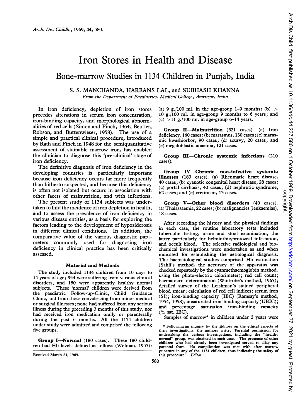 Iron Stores in Health and Disease Bone-Marrow Studies in 1134 Children in Punjab, India S