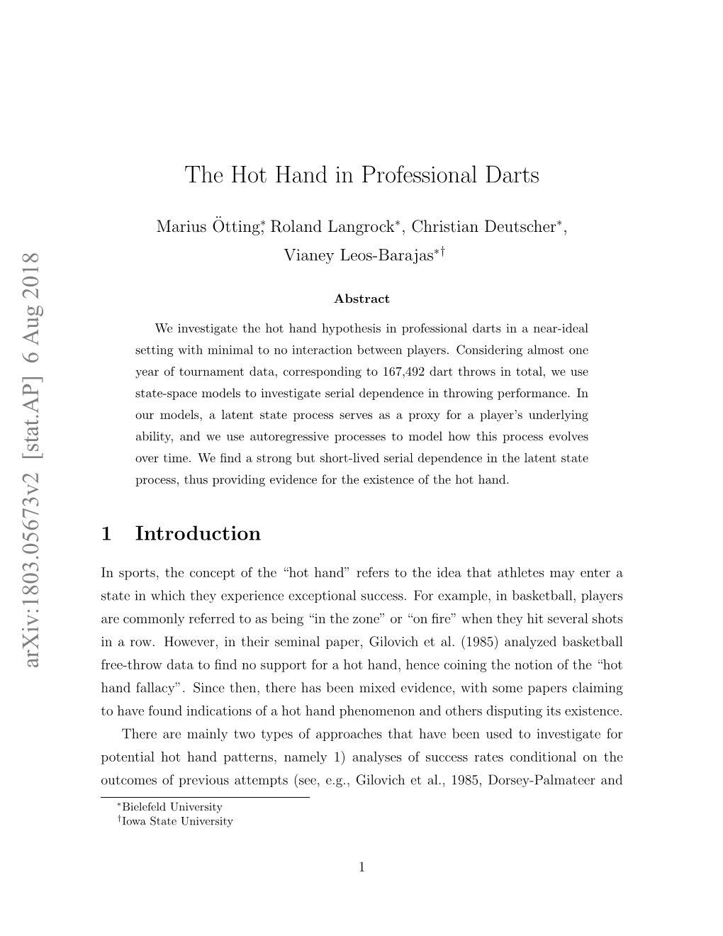 The Hot Hand in Professional Darts Arxiv:1803.05673V2 [Stat.AP]