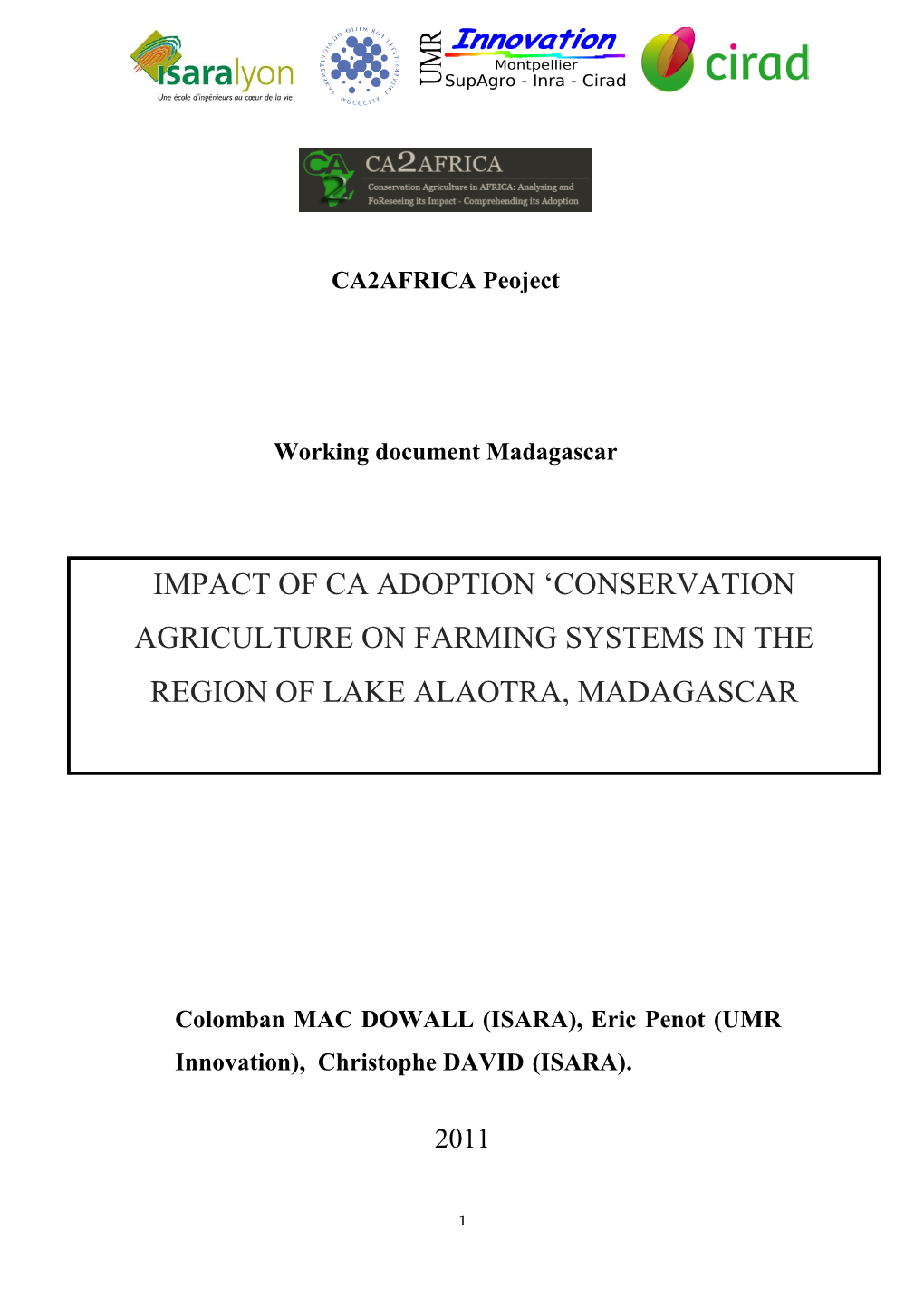 Impact of Ca Adoption 'Conservation Agriculture