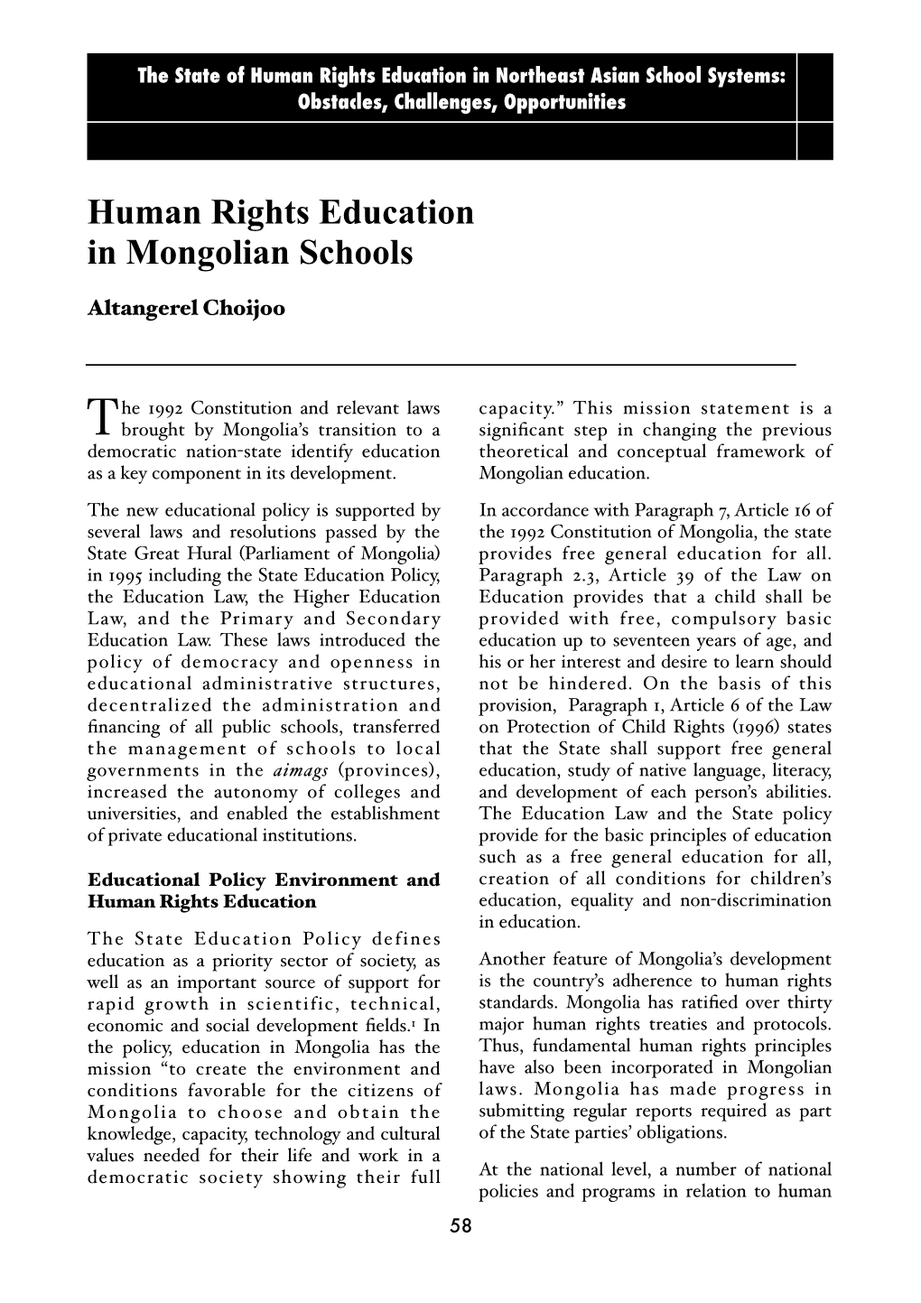 Human Rights Education in Mongolian Schools