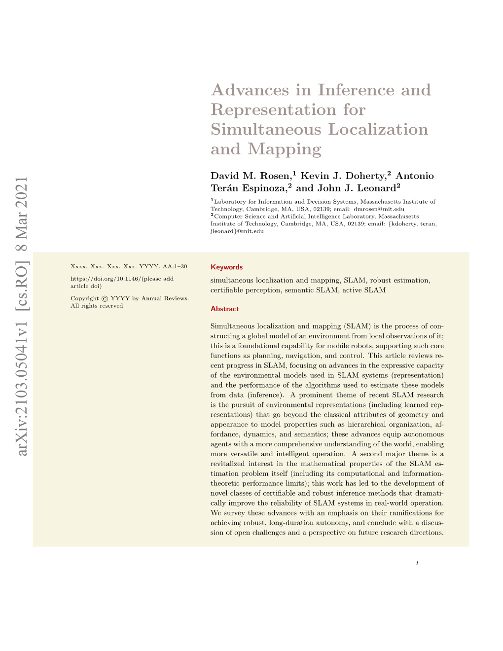 Advances in Inference and Representation for Simultaneous Localization and Mapping