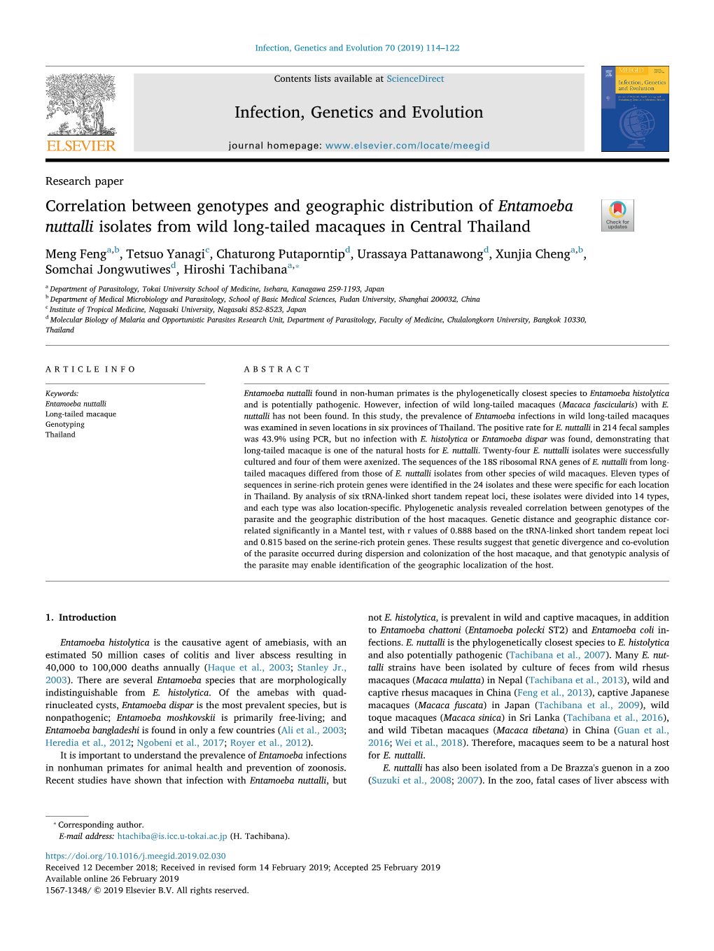 Correlation Between Genotypes and Geographic Distribution of Entamoeba Nuttalli Isolates from Wild Long-Tailed Macaques in Central Thailand T