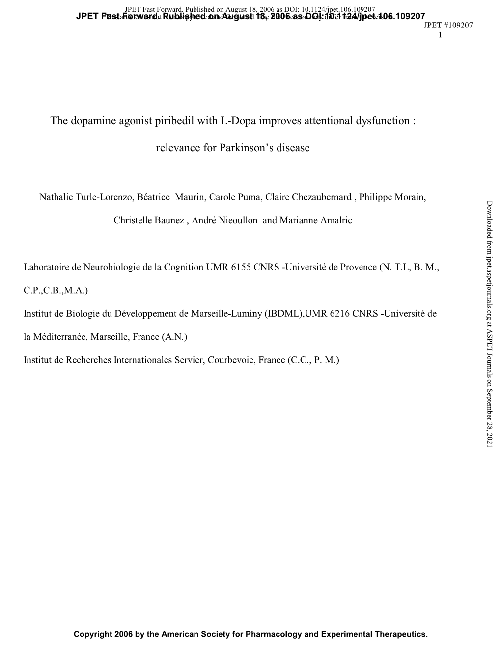 The Dopamine Agonist Piribedil with L-Dopa Improves Attentional Dysfunction