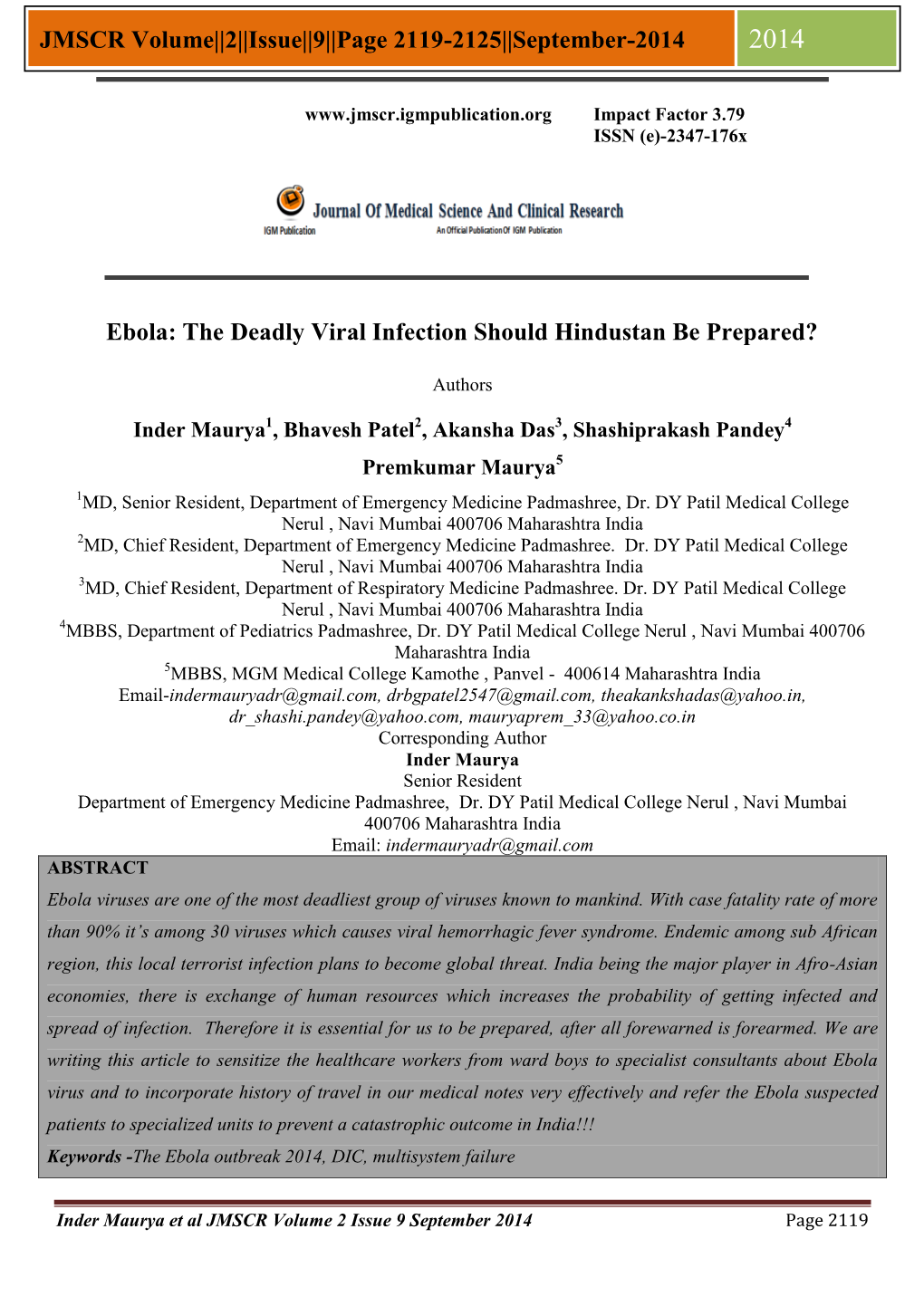 2||Issue||9||Page 2119-2125||September-2014 Ebola